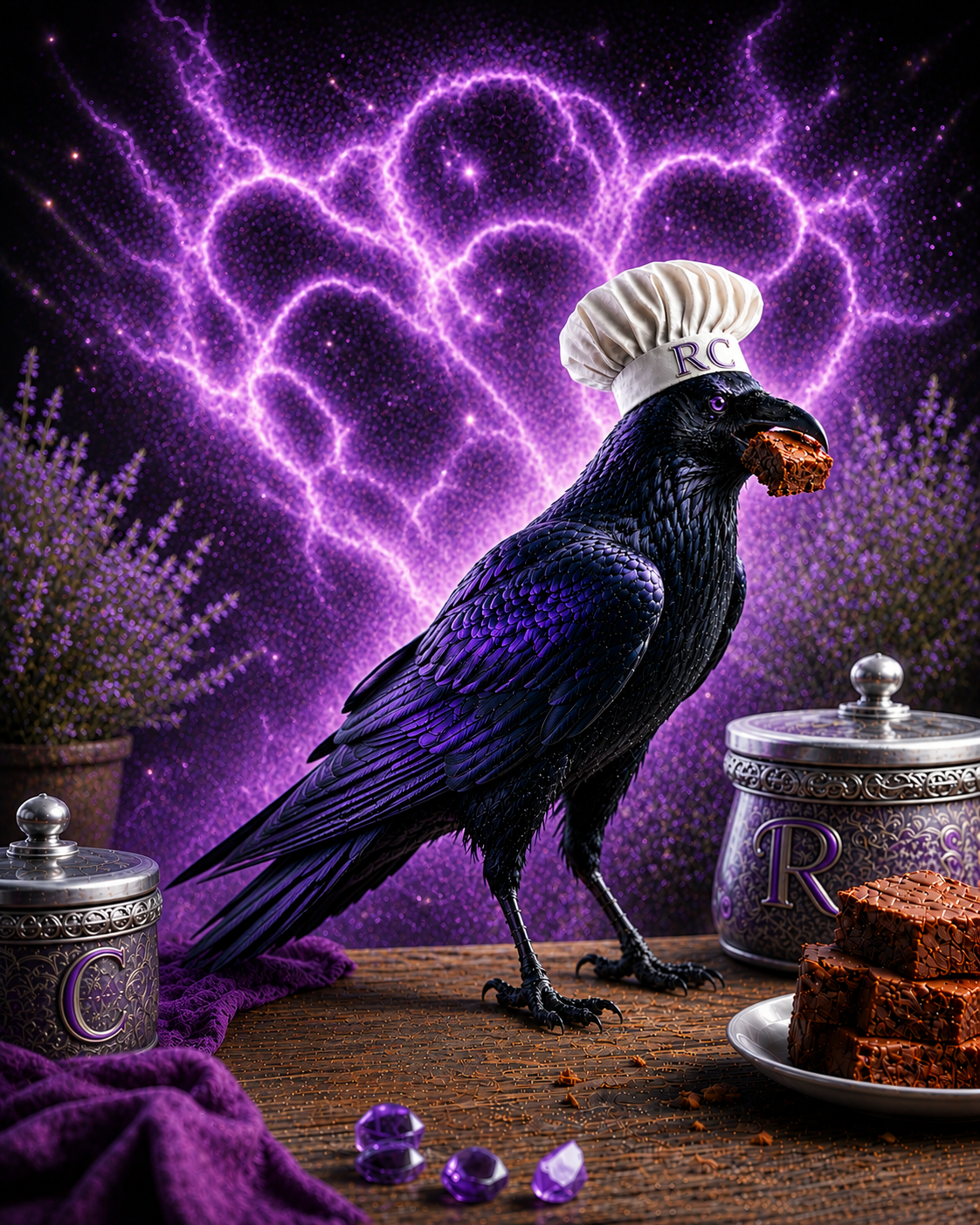 Ravynne's Crumbs raven mascot with brownies
